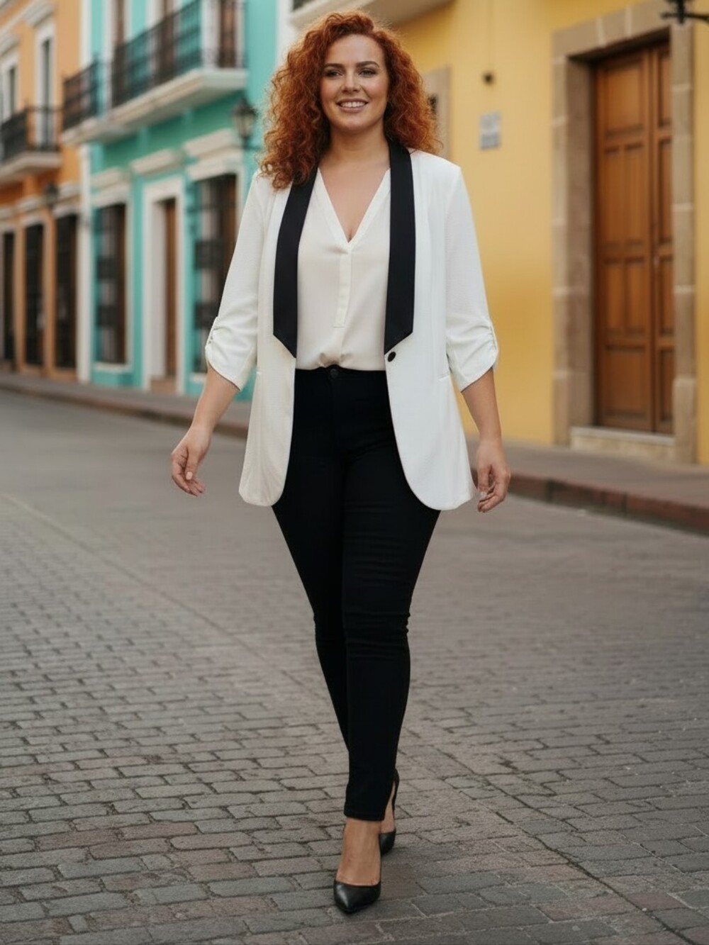 NINEXIS Stretchy WhiteTuxedo Jacket Open-Front Blazer with Black Trim